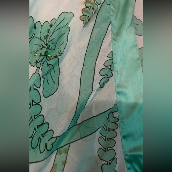 Y2k Bebe 100% Silk Kimono Aqua Teal Coverup Floral Crop Top Crystal Rhinestones - Picture 2 of 4